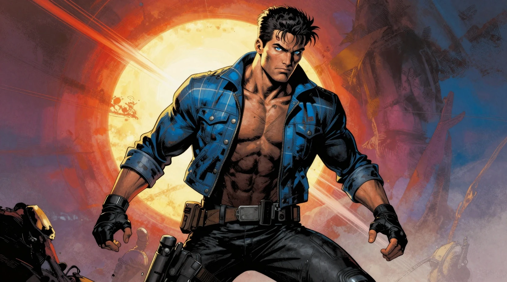 Sci fi hero in plaid jacket under alien sun