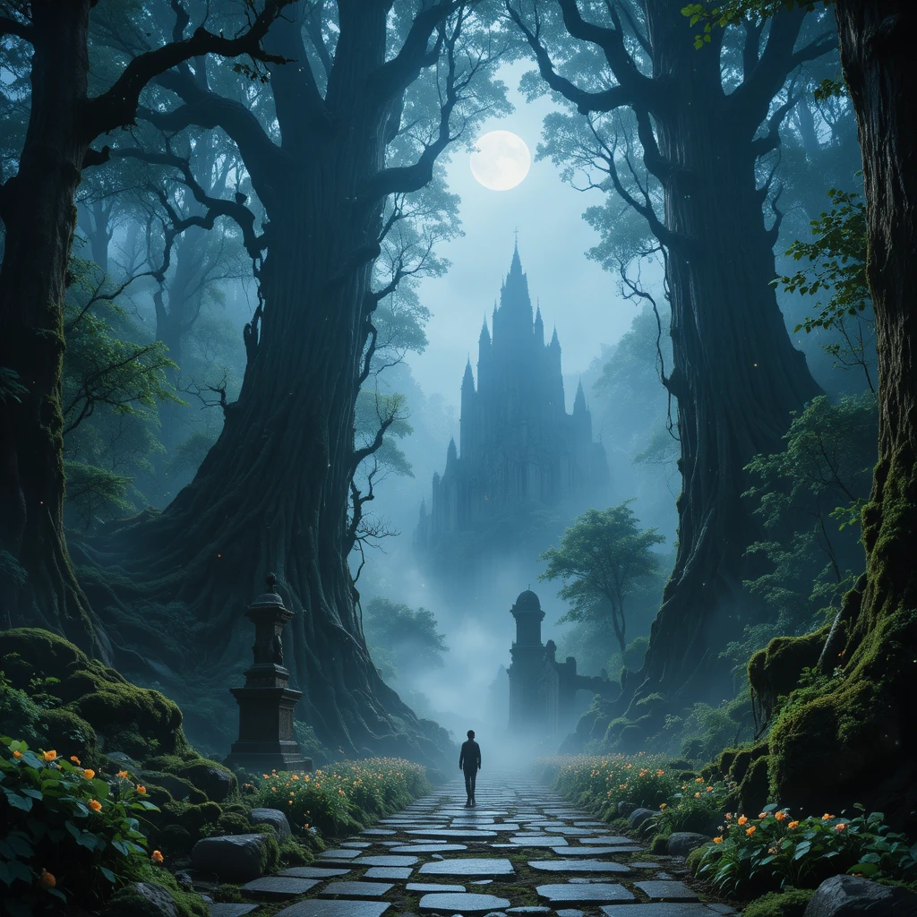 Lone traveler beneath colossal trees in moonlit forest