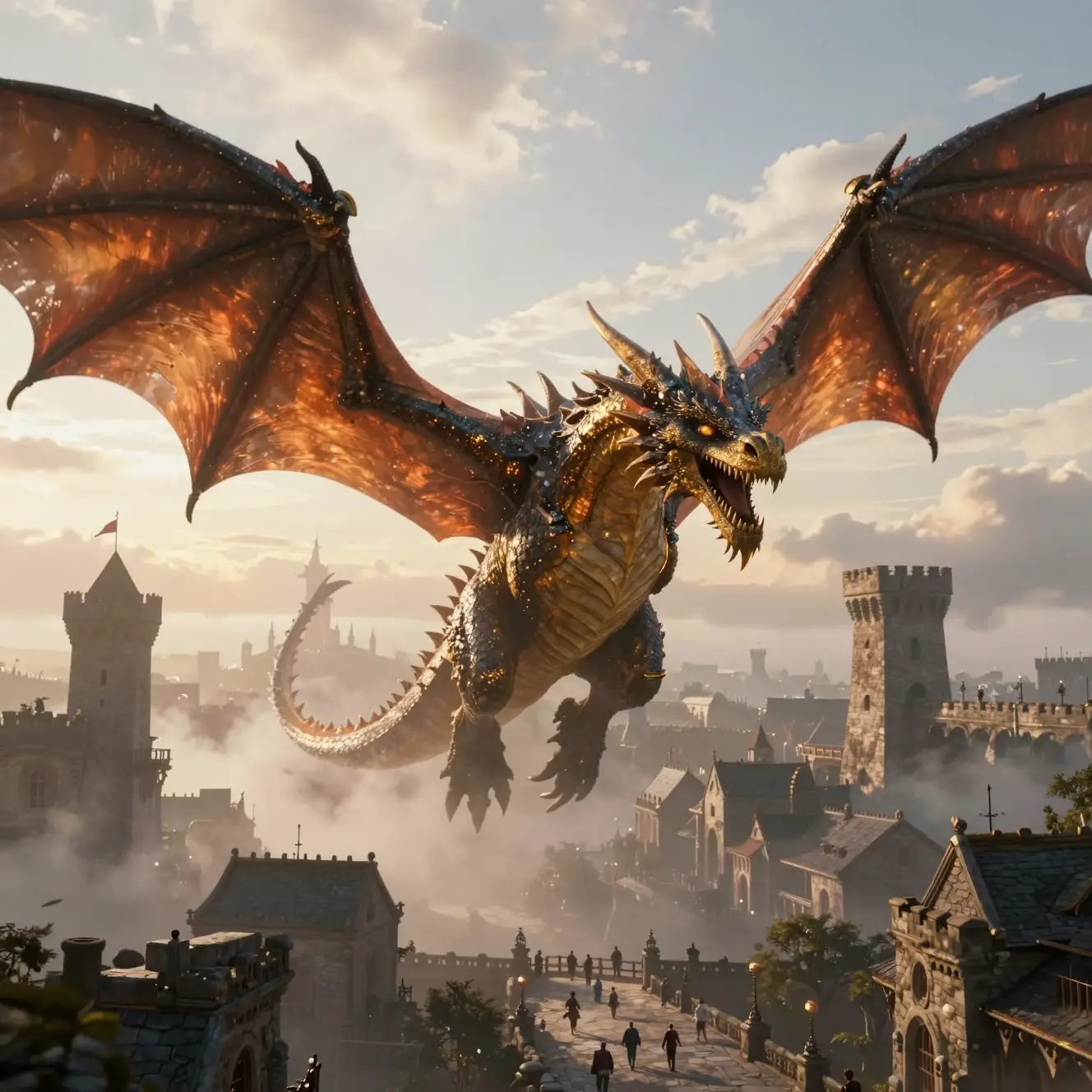 Ancient dragon soaring above a vast medieval city at sunrise