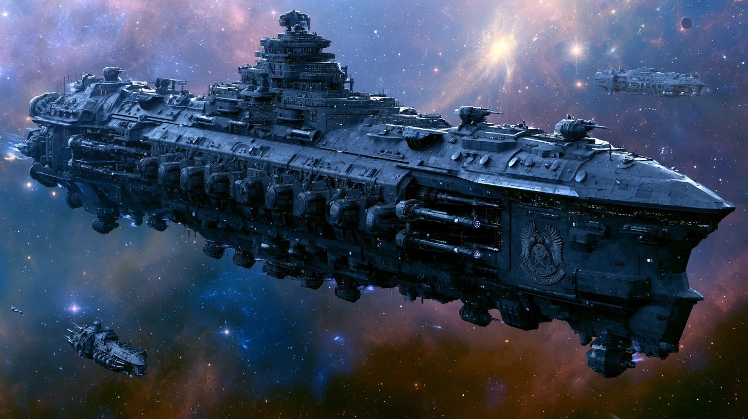 Futuristic steampunk dreadnought warship in deep outer space