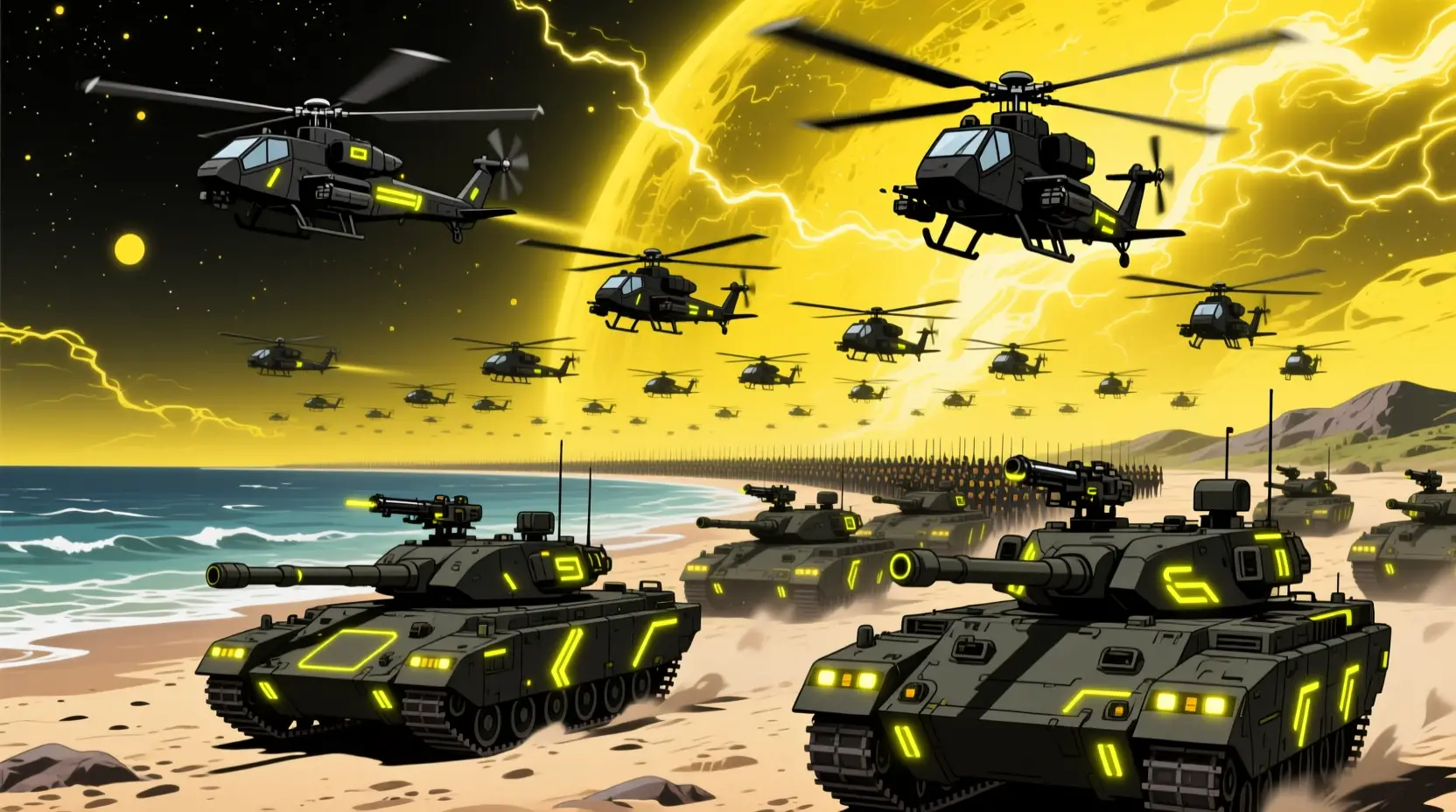 Futuristic military convoy advancing across a glowing beach
