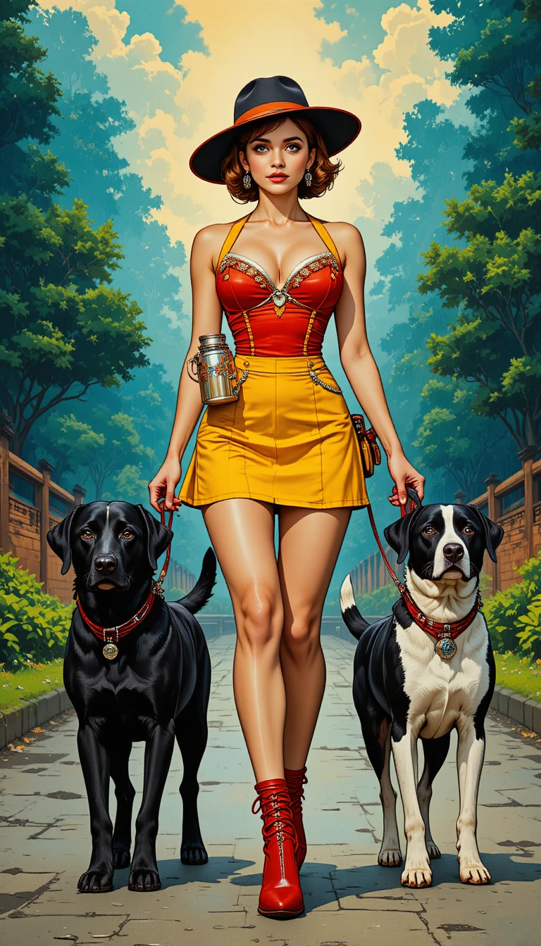 Confident woman walking forward with two alert dogs