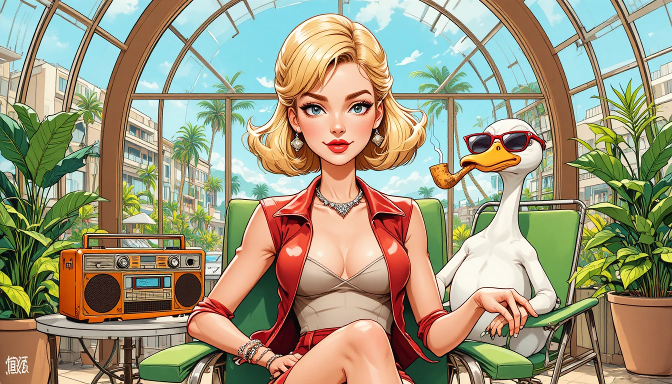 Blonde woman in red leather vest in bright modern interior