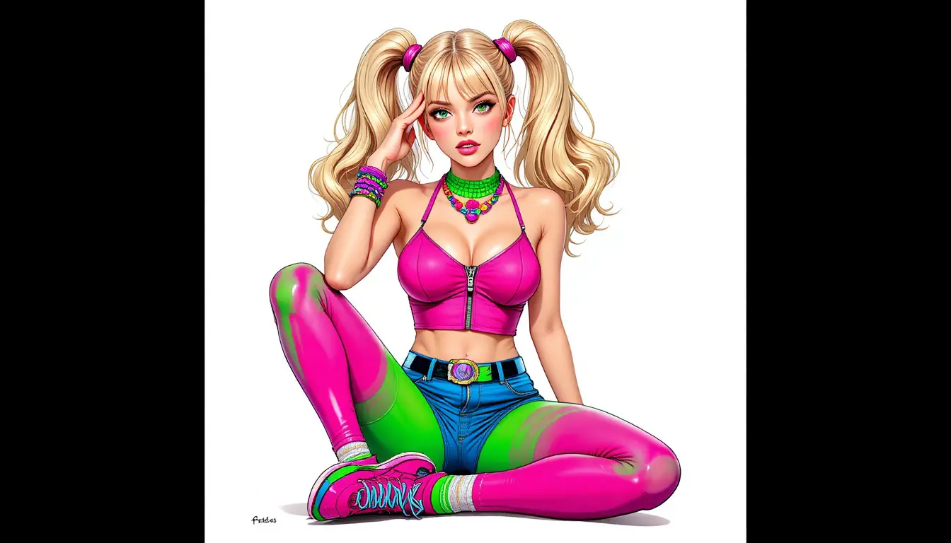 Stylized blonde girl in colorful retro streetwear pose