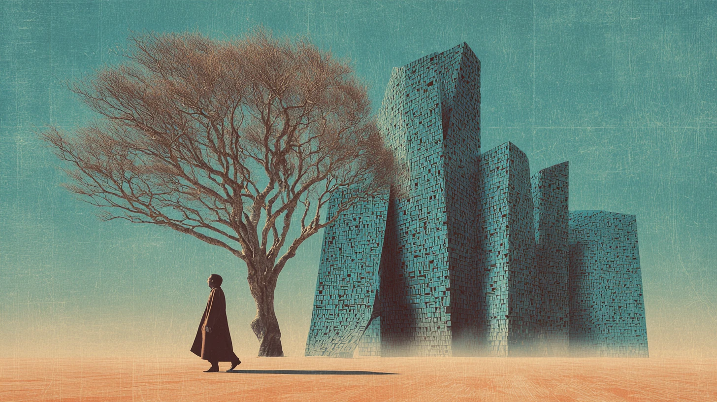 Surreal drowned library with alien fantasy architecture