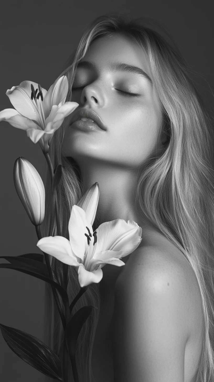 Serene young woman with lilies in soft studio portrait