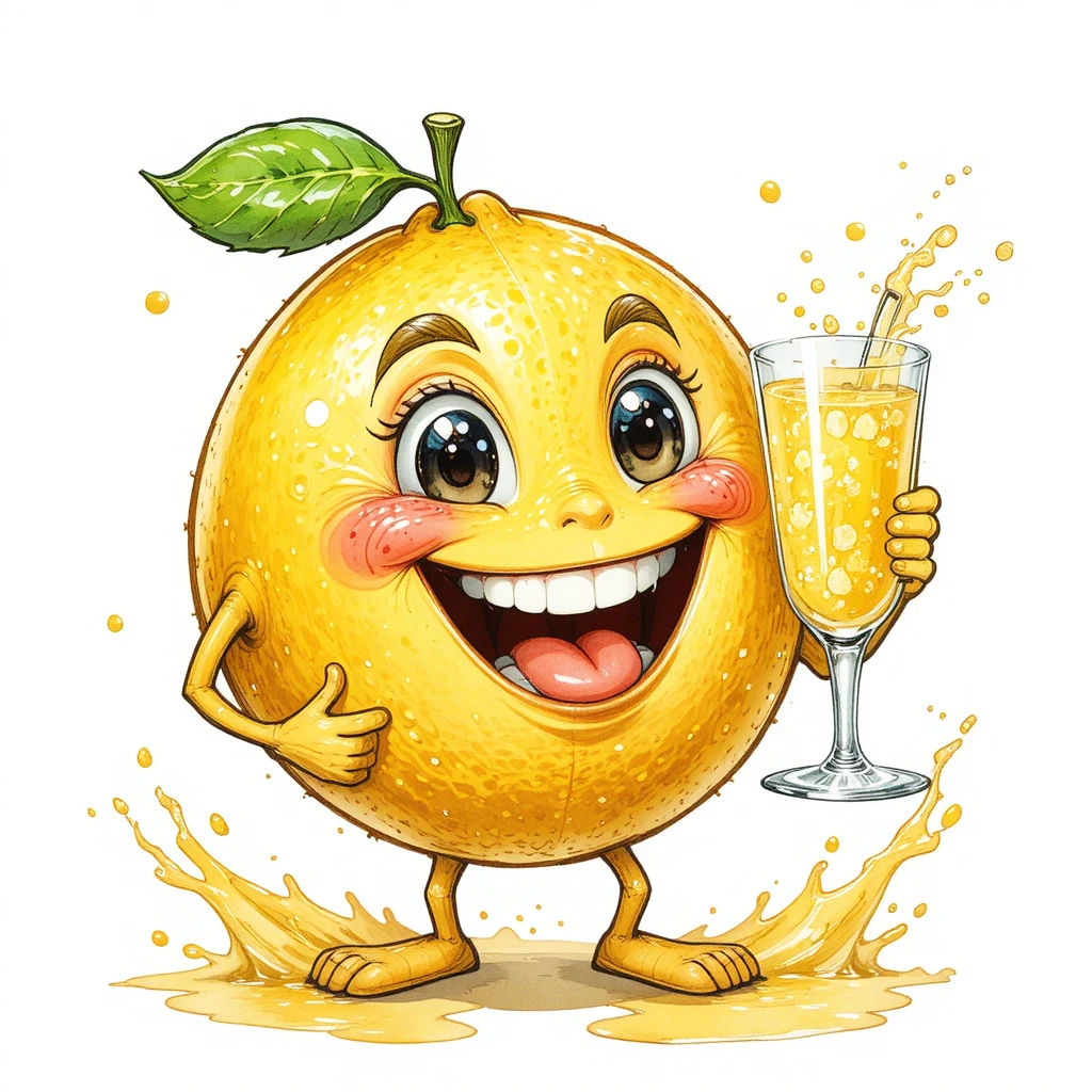Smiling cartoon lemon holding a fresh glass of lemonade