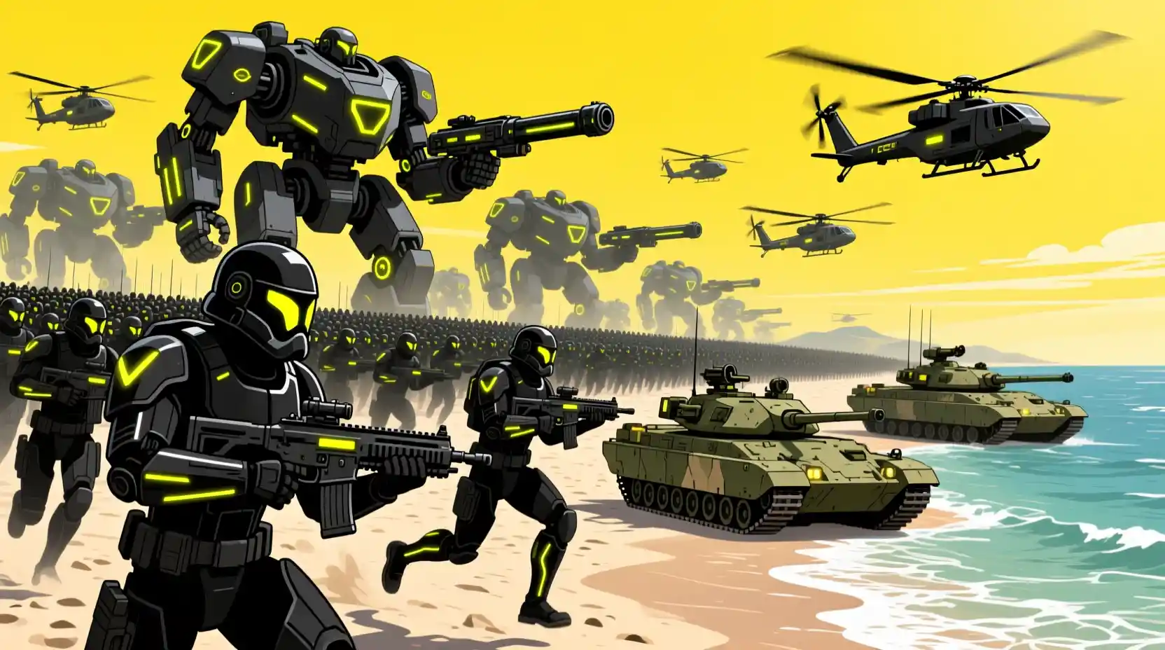 Futuristic army of soldiers charging across a summer beach