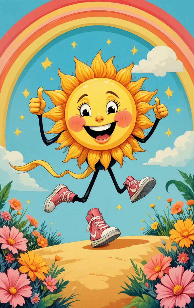 Cheerful Cartoon Sun Running Under A Colorful Rainbow