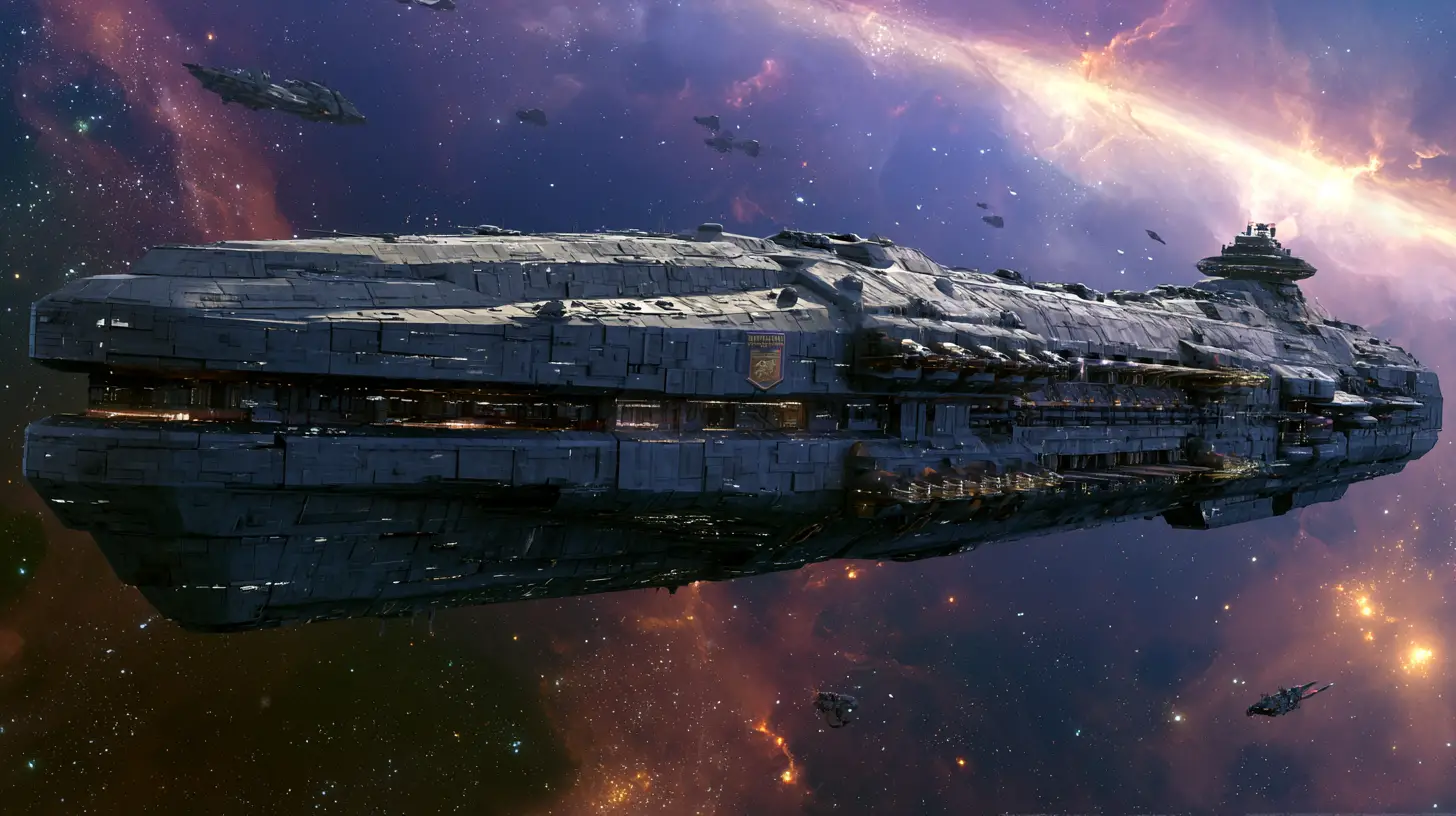Gigantesco acorazado espacial sci‑fi surcando el espacio profundo