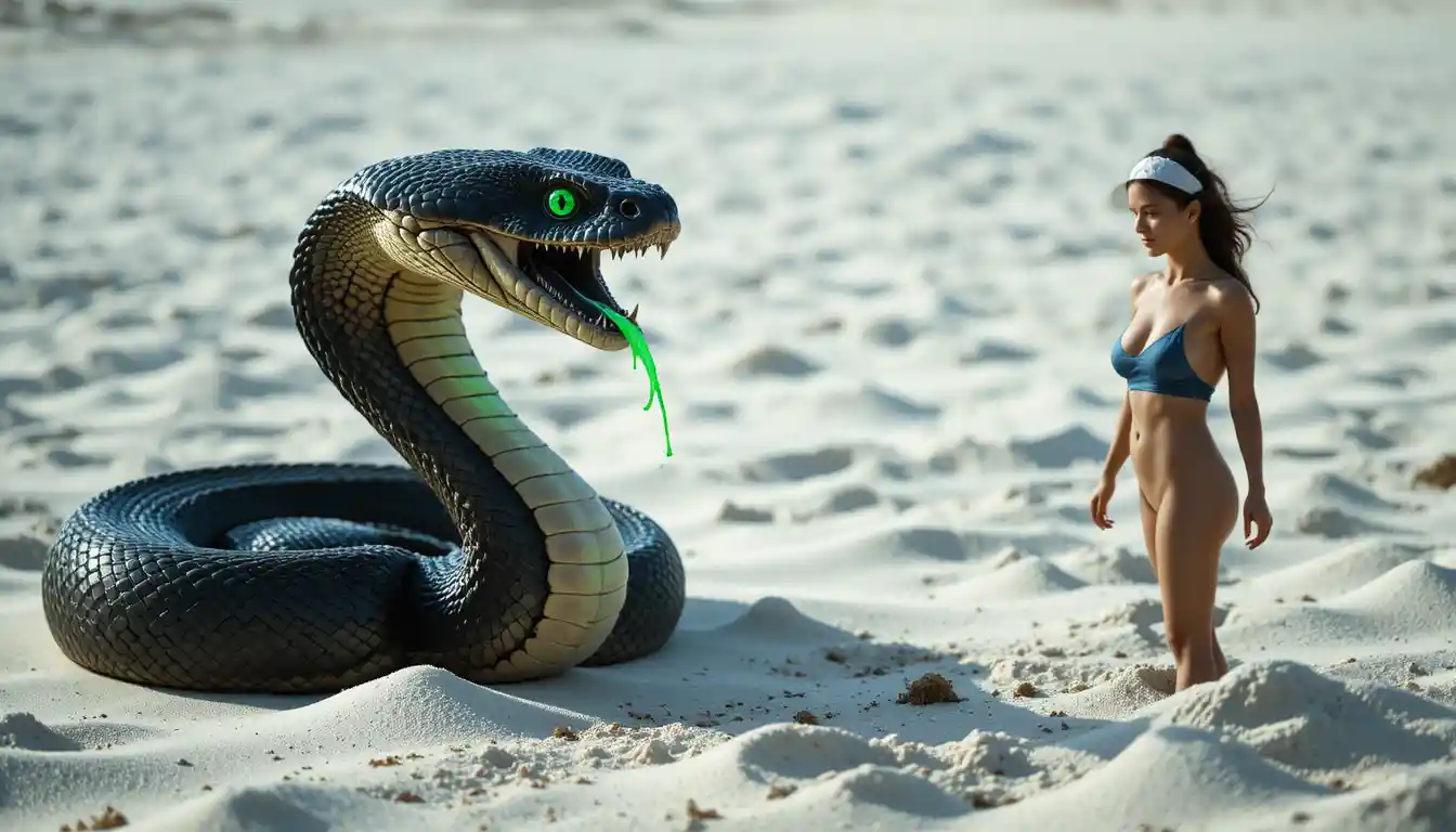 Cobra Striking On White Sand Beach In Color Photography