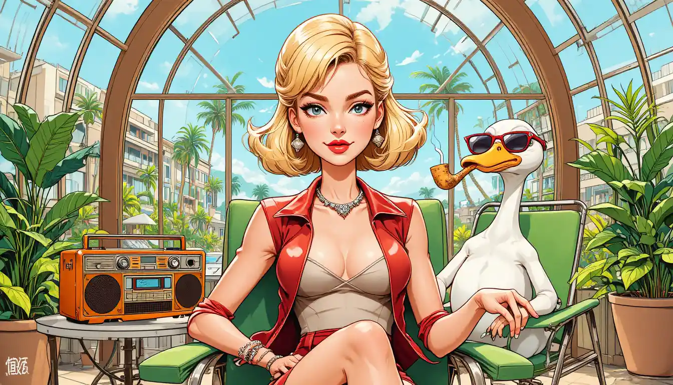 Blonde woman in red leather vest in bright modern interior