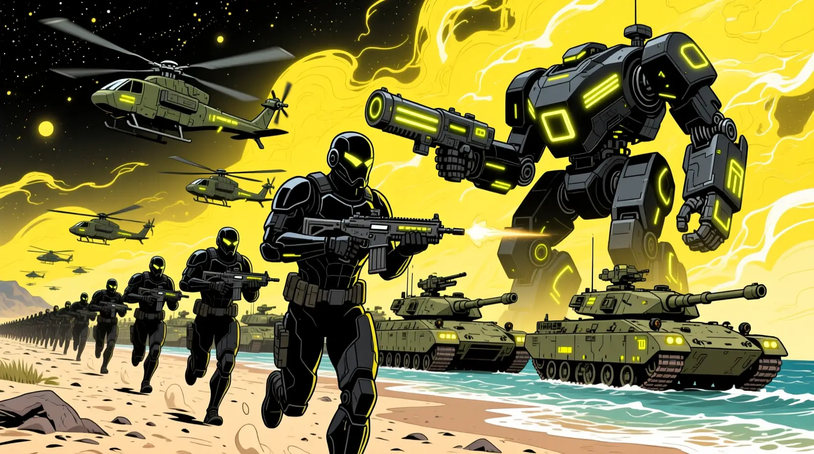 Futuristic super soldiers charge across a summer beach battlefield