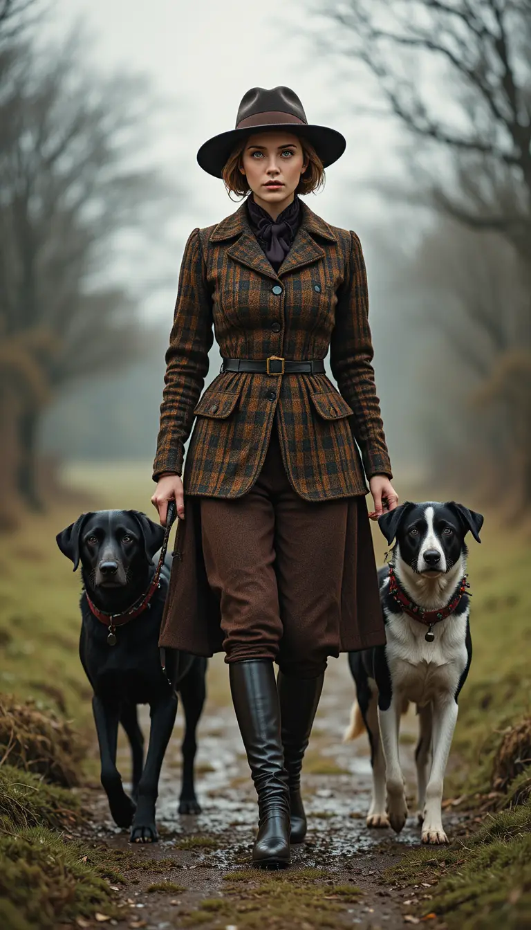 Elegant country woman walking forward with her two dogs