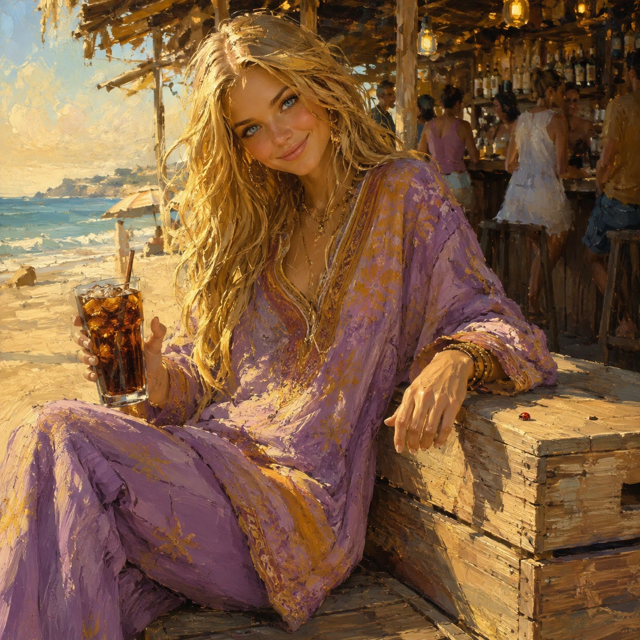 Playful blonde girl at a beach bar on a summer evening