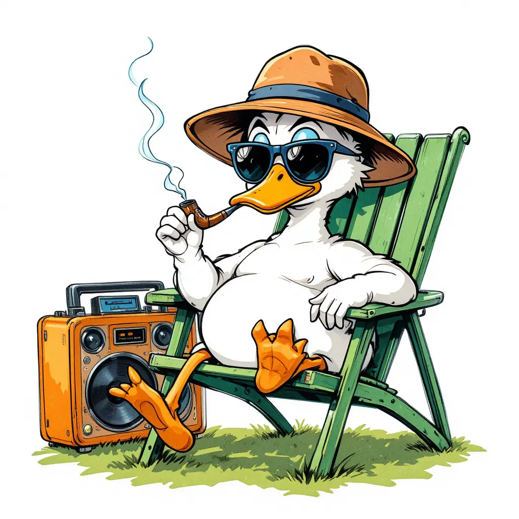 Cartoon duck chilling in a lawn chair with boombox