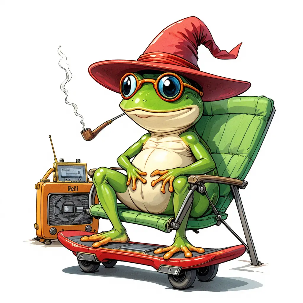 Cheerful green frog wizard riding a red hoverboard