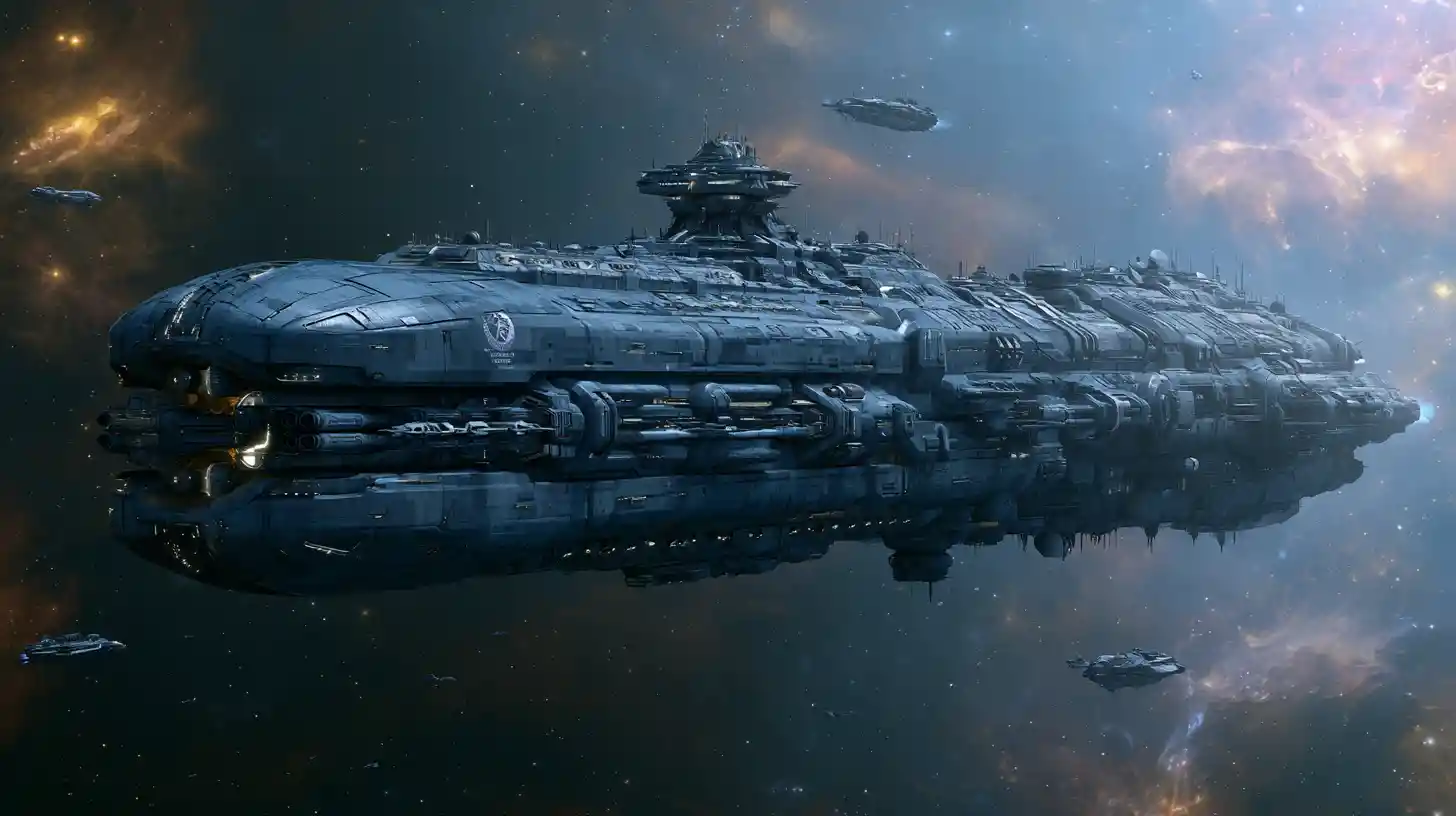 Massive sci fi battle cruiser gliding through deep space