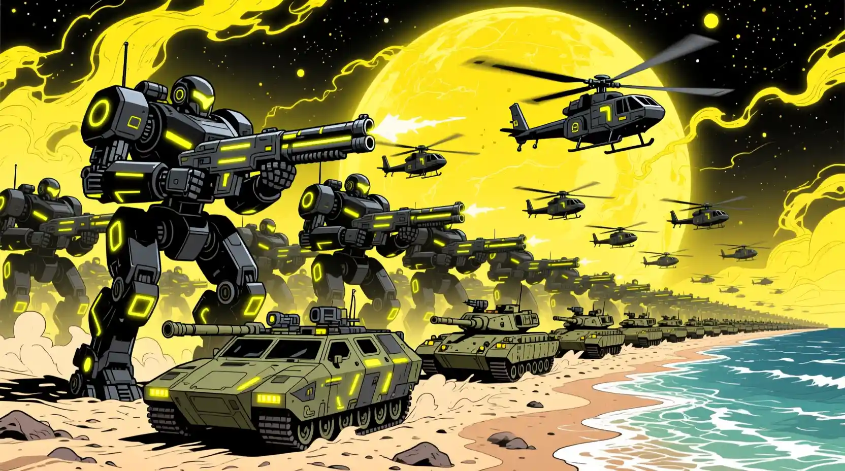 Futuristic military convoy crossing a sci fi beach