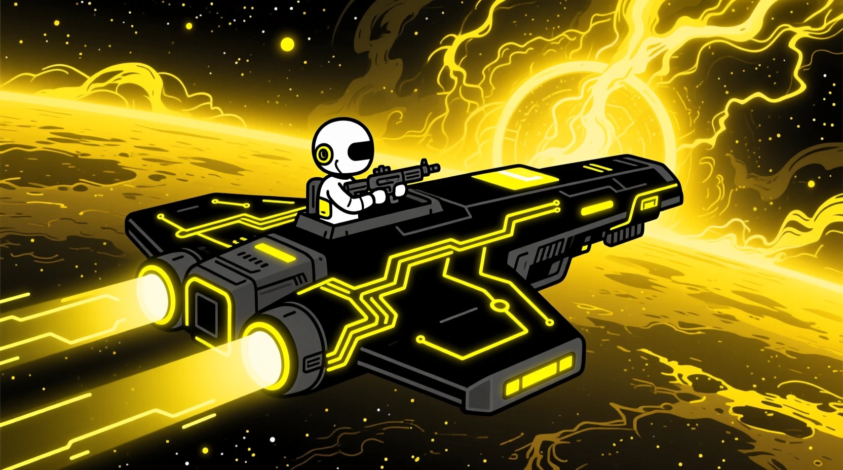 Futuristic assault shuttle flying through glowing deep space