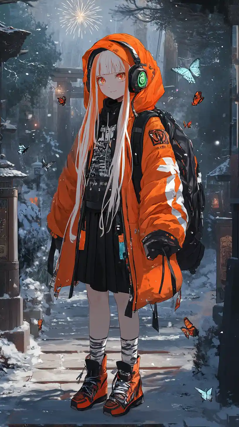 Anime girl in orange winter coat with floating green crystal