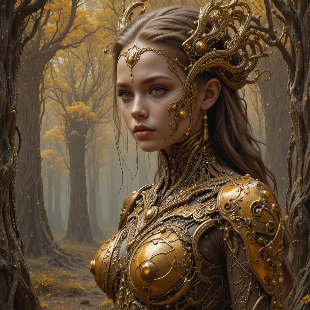 Biomechanical princess in saffron armor within a sacred circuit forest