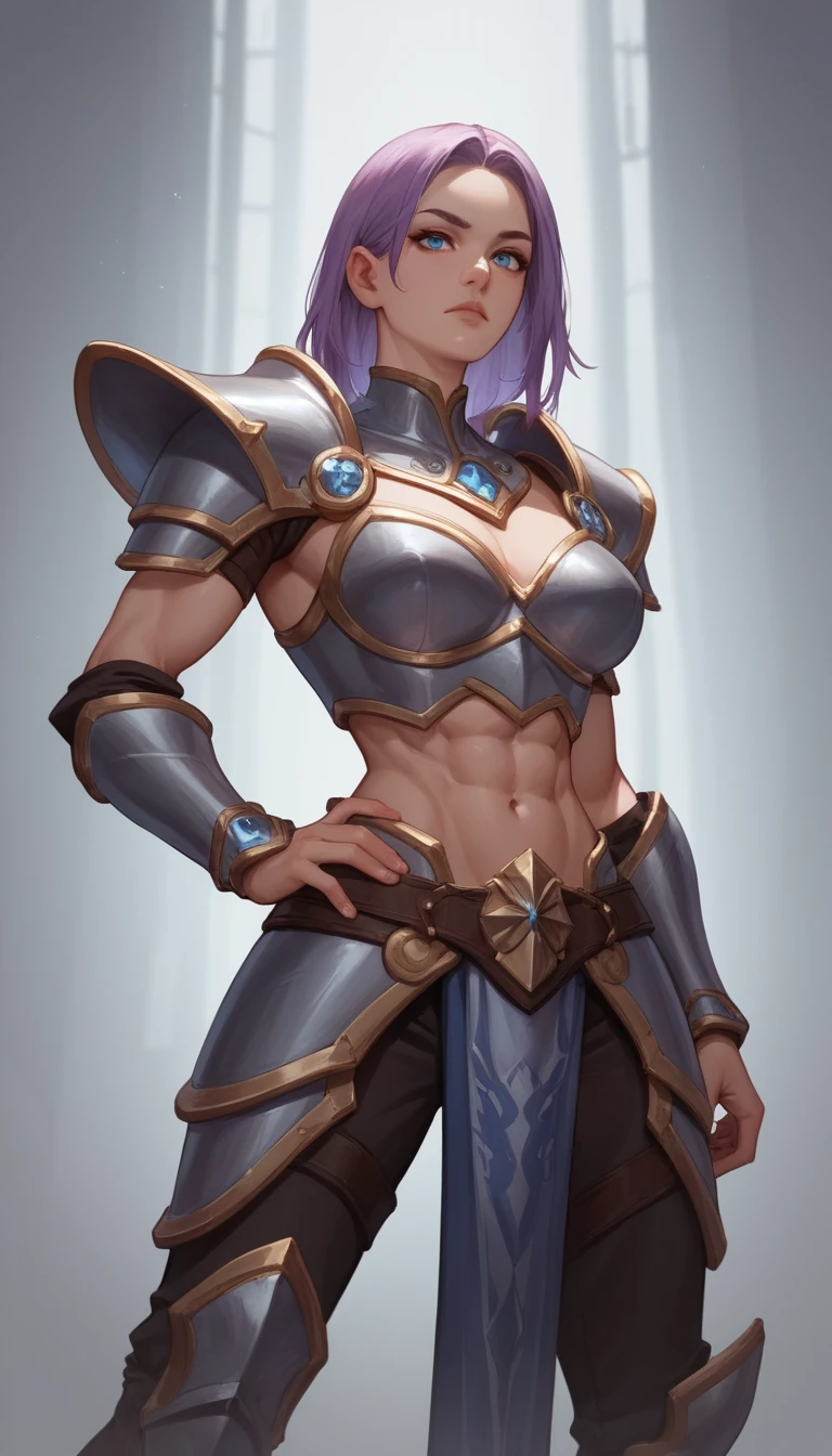 Heroína guerrera de anime con armadura y brillantes ojos azules