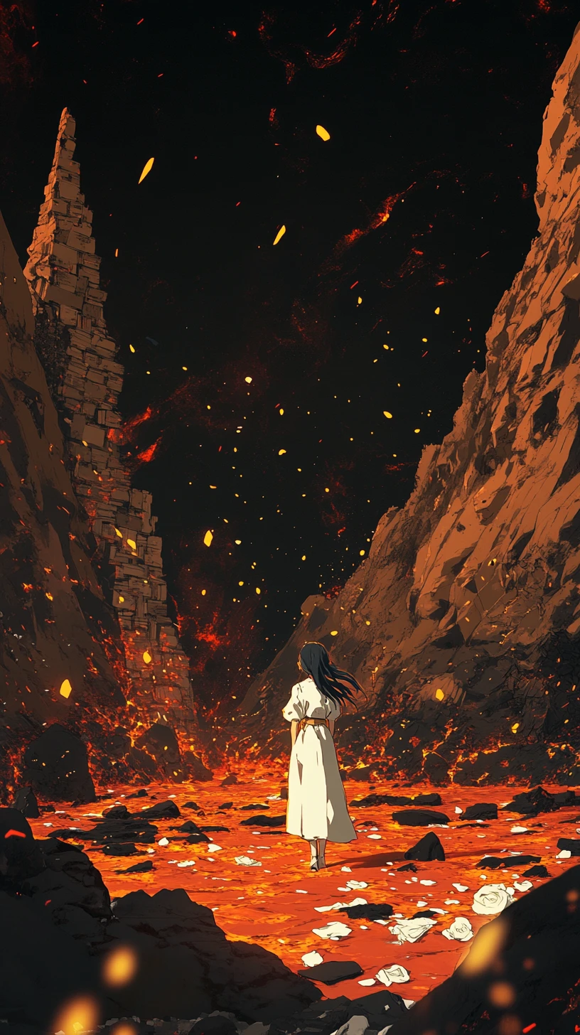 Chica de anime tumbada en lava bajo una luna medio oculta