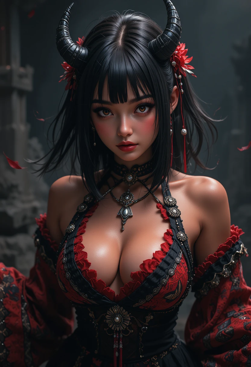 Red skinned oni woman in tribal jewelry and soft light