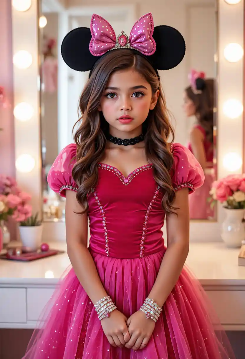 Tween boy in princess costume posing by bedroom vanity