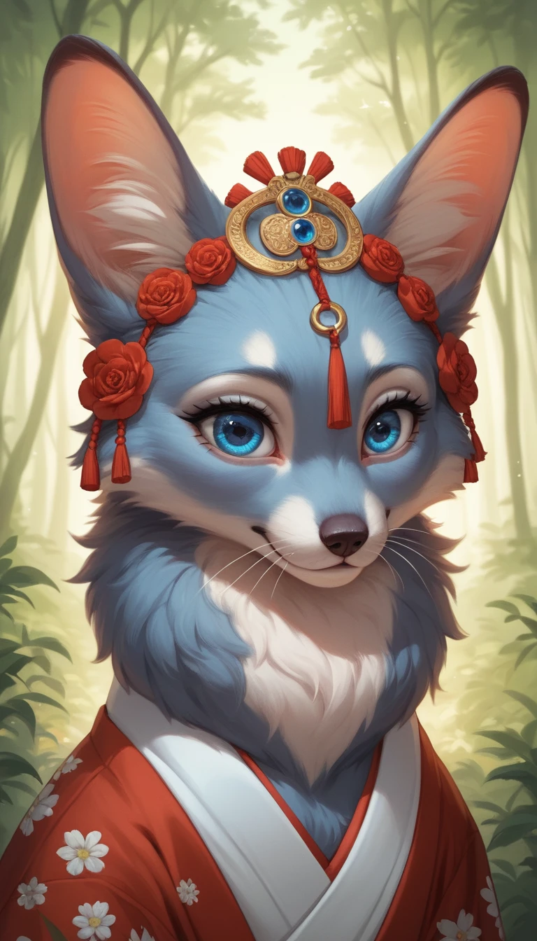 Anime cat girl in kimono under moonlit forest