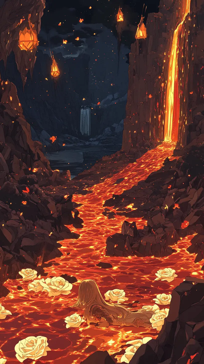 Anime-Mädchen, das in Lava unter einem dunkelroten Mond liegt