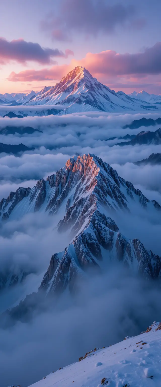 Misty Icy Mountains Under Purple And Blue Evening Sky