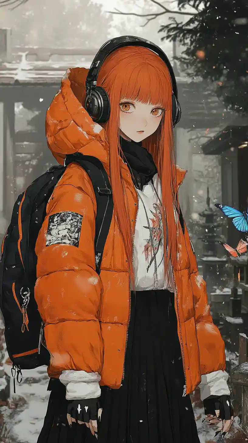 Anime girl in orange winter coat with headphones and mask