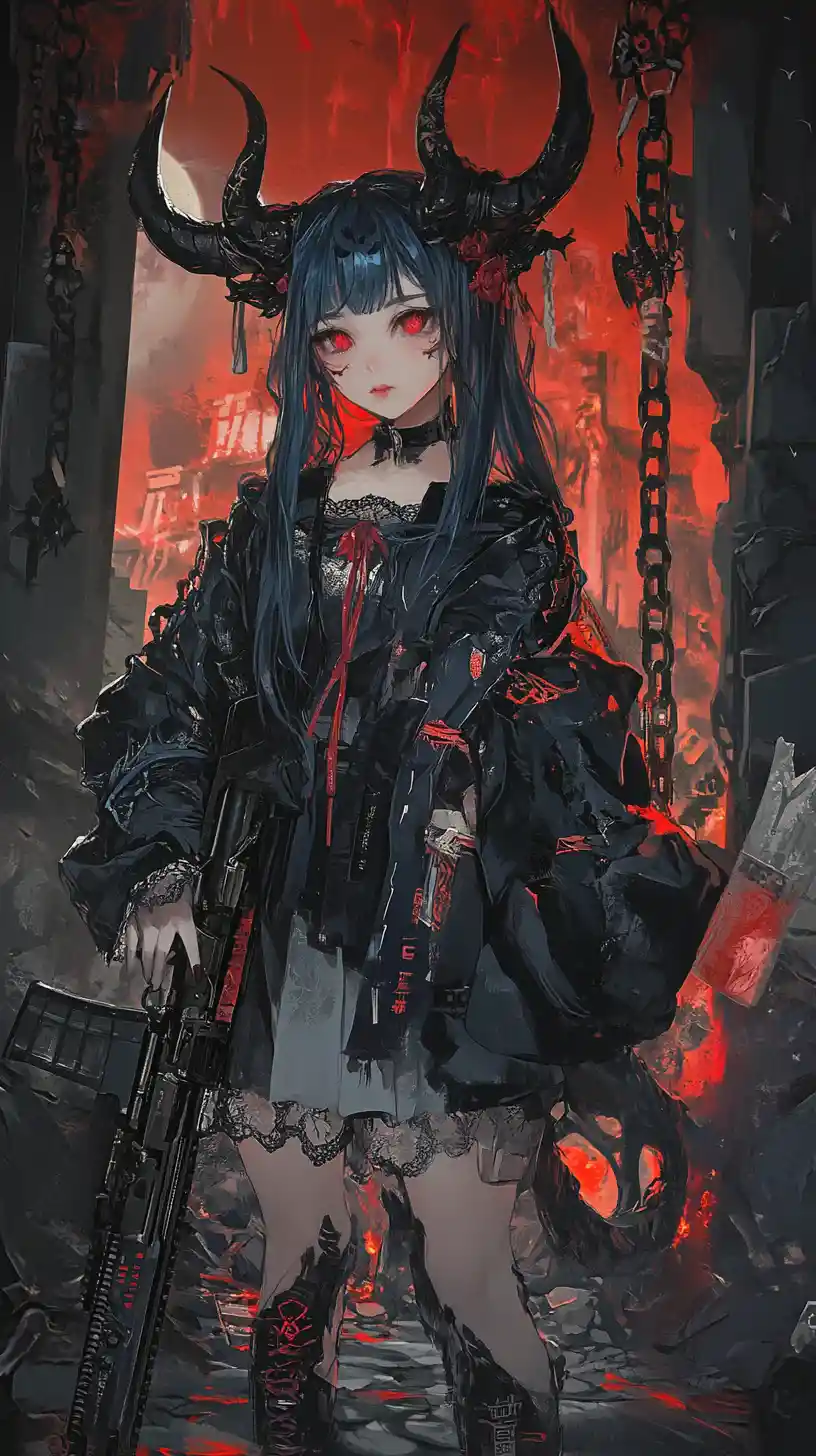 Garota de anime com rifle em uma zona de guerra urbana e sombria