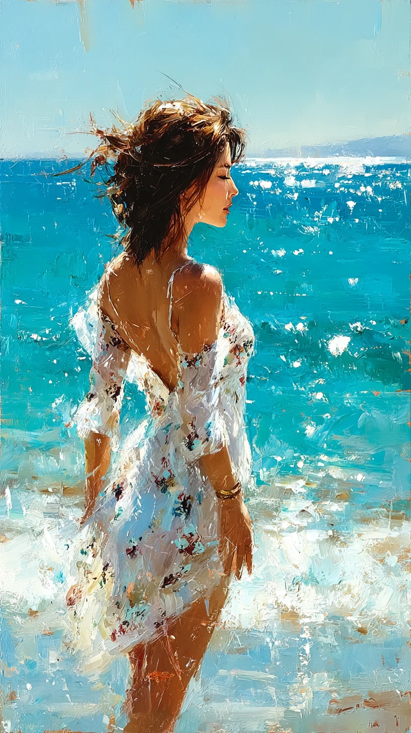 Young woman in profile by the tranquil seaside