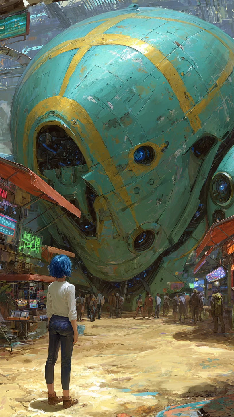 Cyberpunk woman walking beside a ruined giant mech