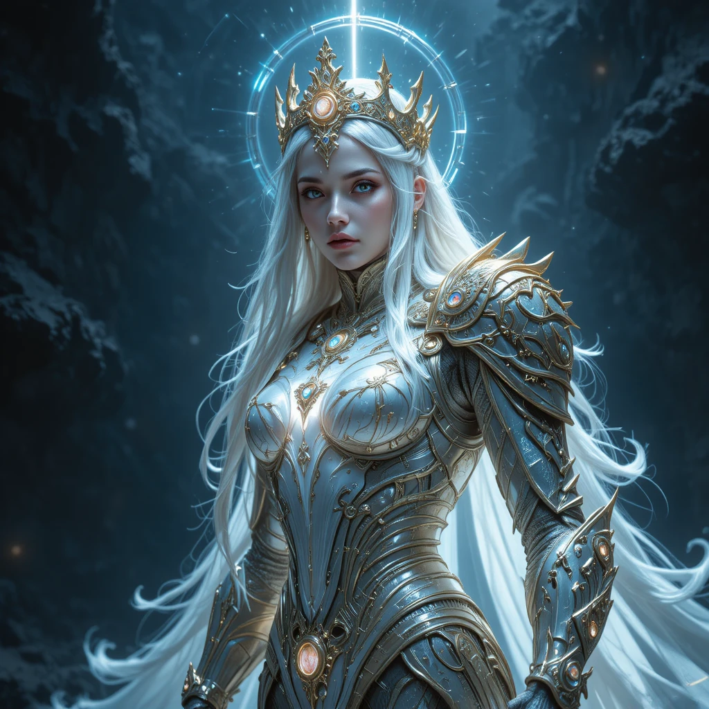 Femme gothique en armure cyber couronnée d’une radieuse lumière de cristal