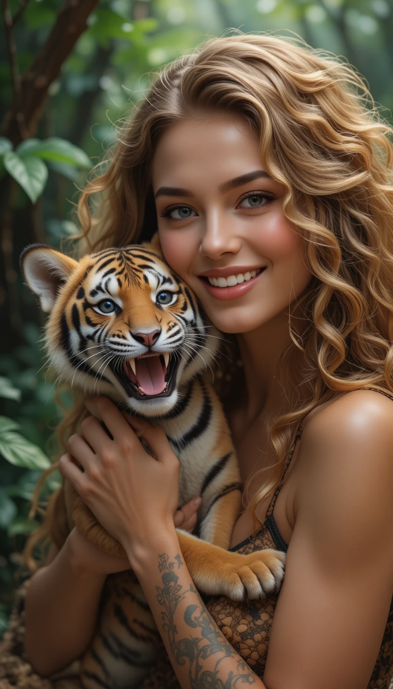 Femme bronzée souriante avec un bébé tigre dans une jungle luxuriante
