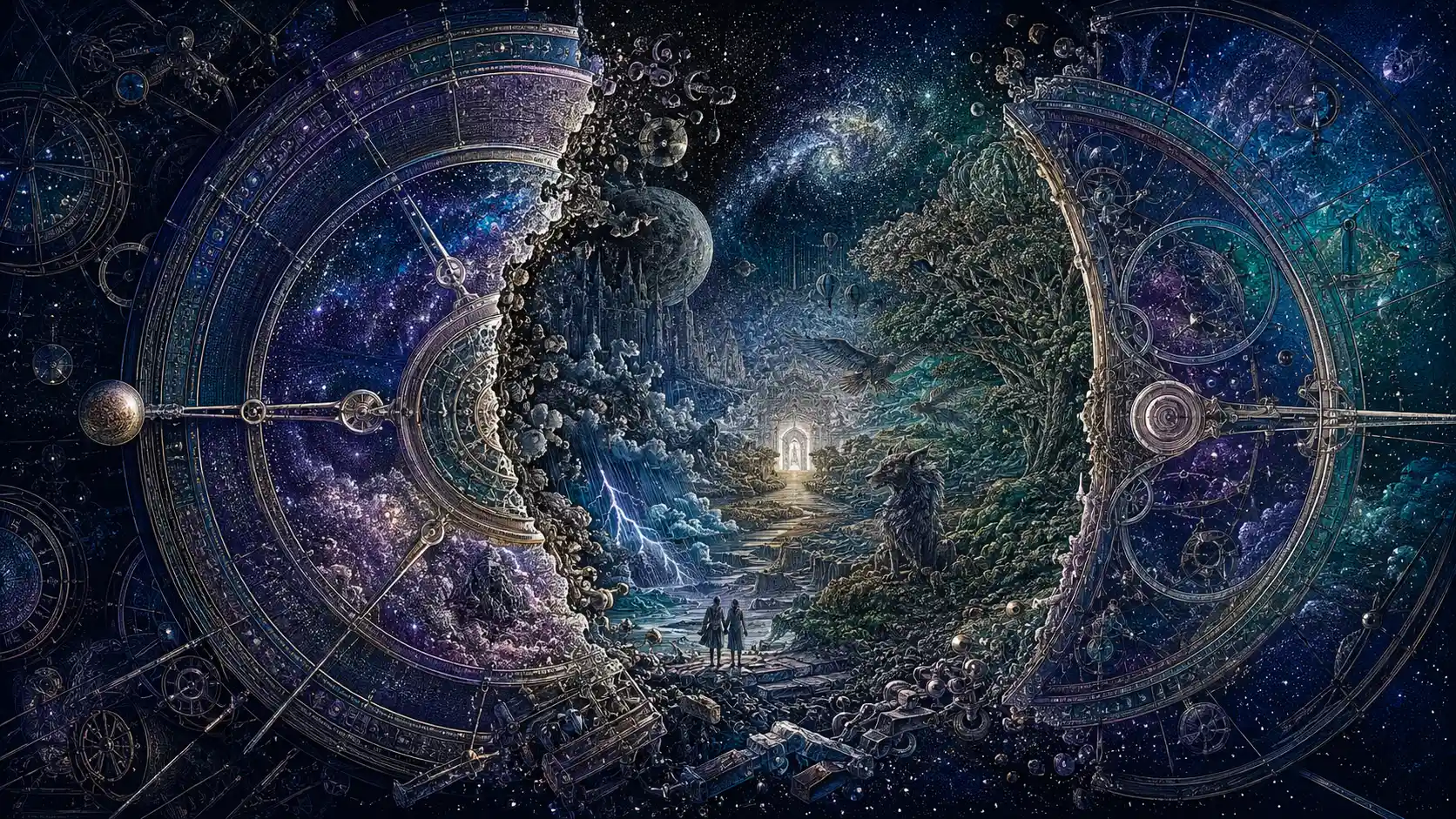 Surreal clockwork landscape revealing a missing hour universe