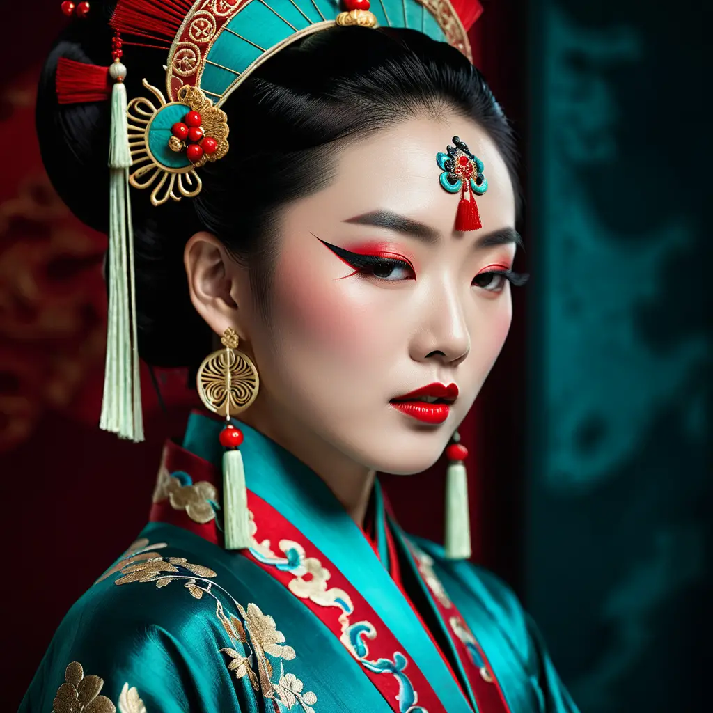 Porträt einer chinesischen Opernsängerin mit karmesinrotem Make-up und Kopfschmuck
