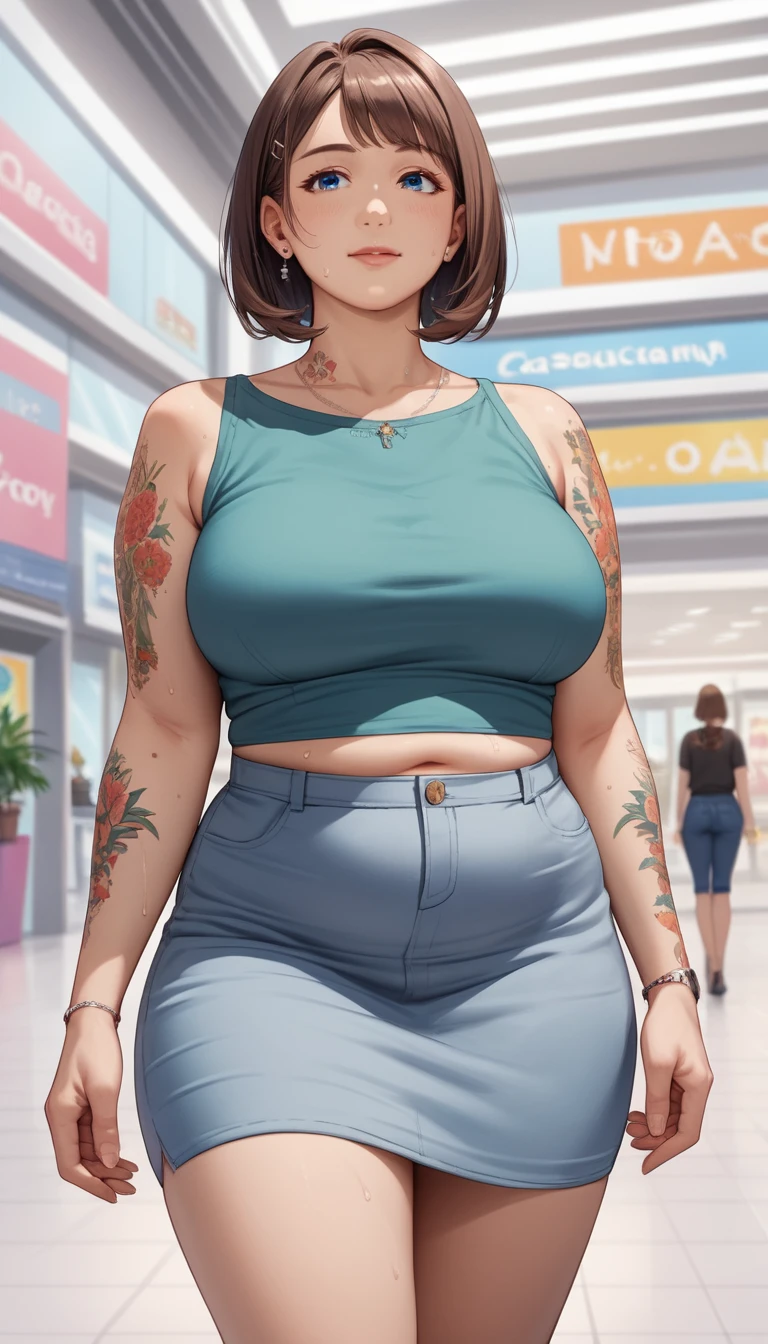 Mujer de anime con atuendo casual y colorido en el centro comercial