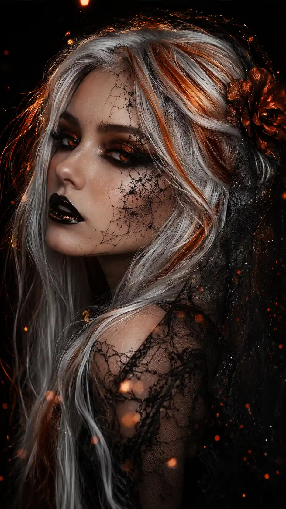 Gothic woman close up with silver hair and glowing eyes