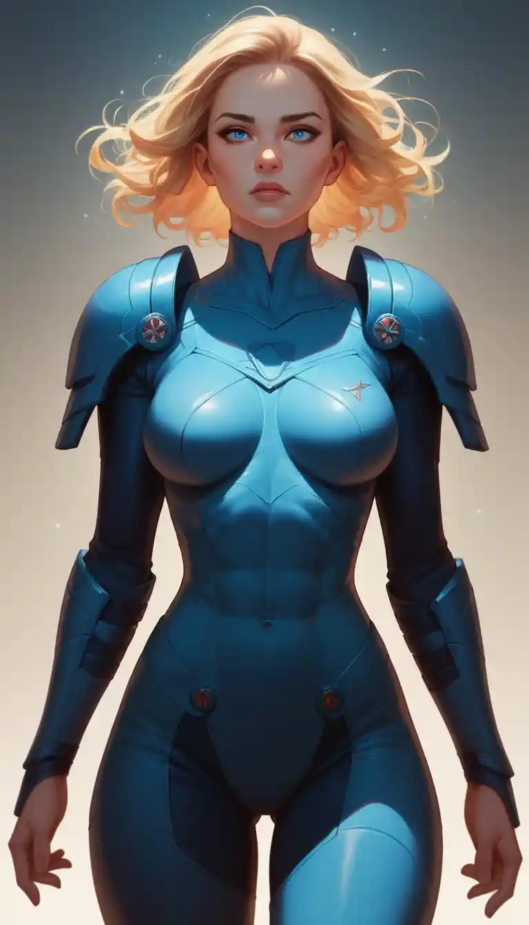 Blue eyed anime heroine in sleek armored bodysuit