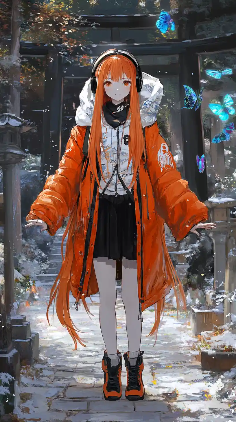 Anime-Mädchen im orangefarbenen Wintermantel mit Kopfhörern und Maske