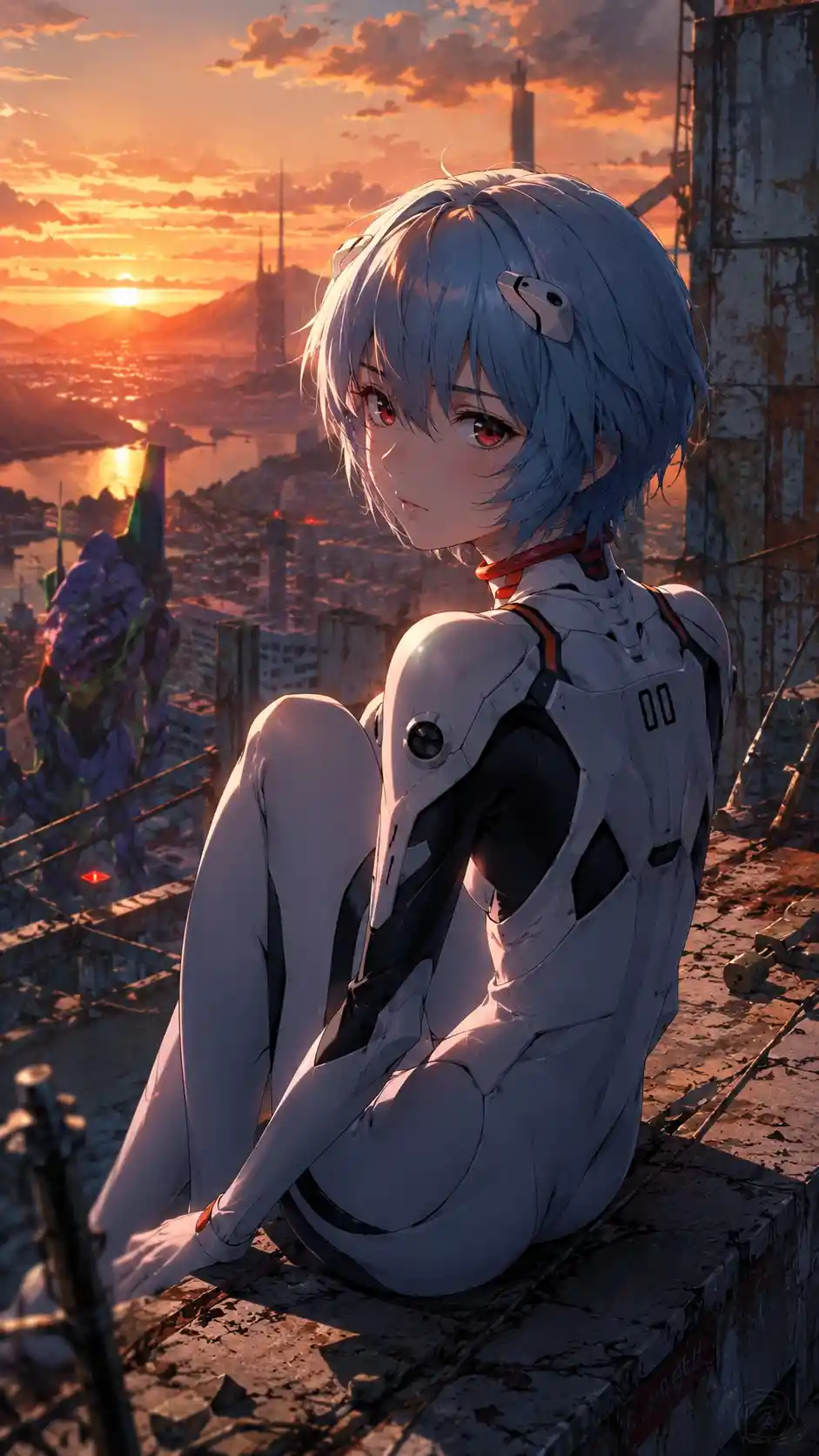 Anime-Mädchen vor leuchtendem Sonnenuntergangshimmel