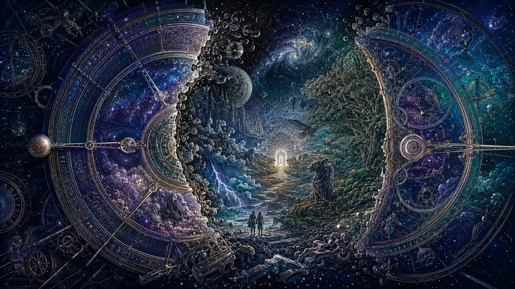Surreal clockwork landscape revealing a missing hour universe