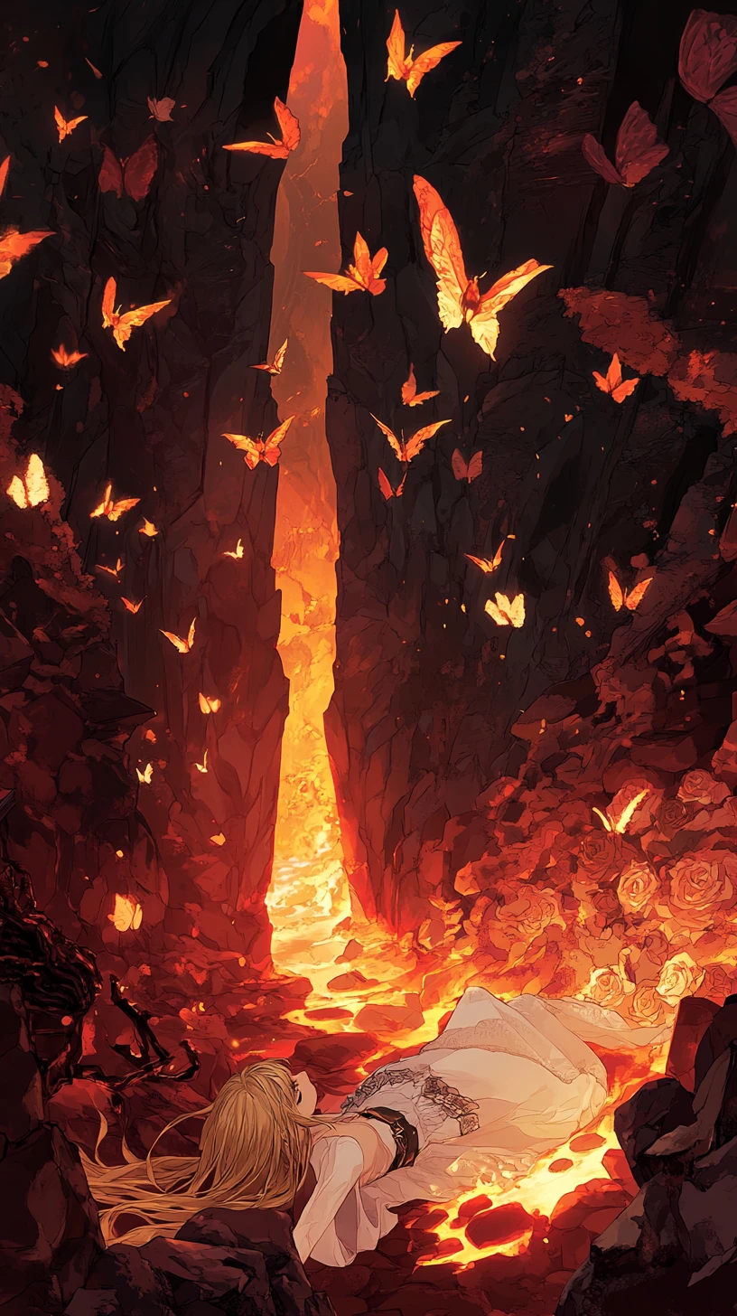 Chica de anime tumbada en lava bajo un cielo y una luna rojos
