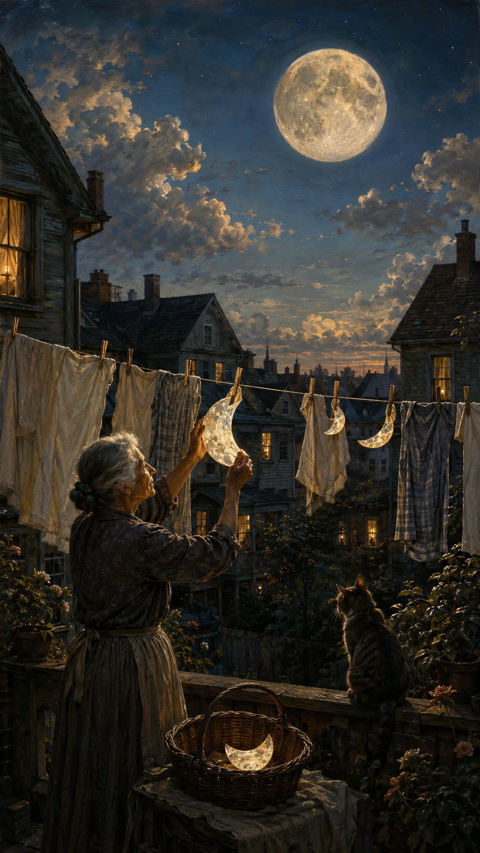 Femme âgée récoltant des croissants de lune dans une rue au crépuscule