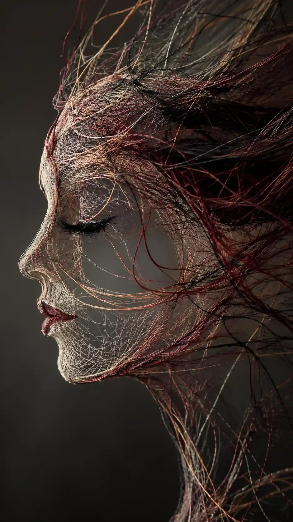 Profilo surreale di donna tessuto da fili sotto luce da studio